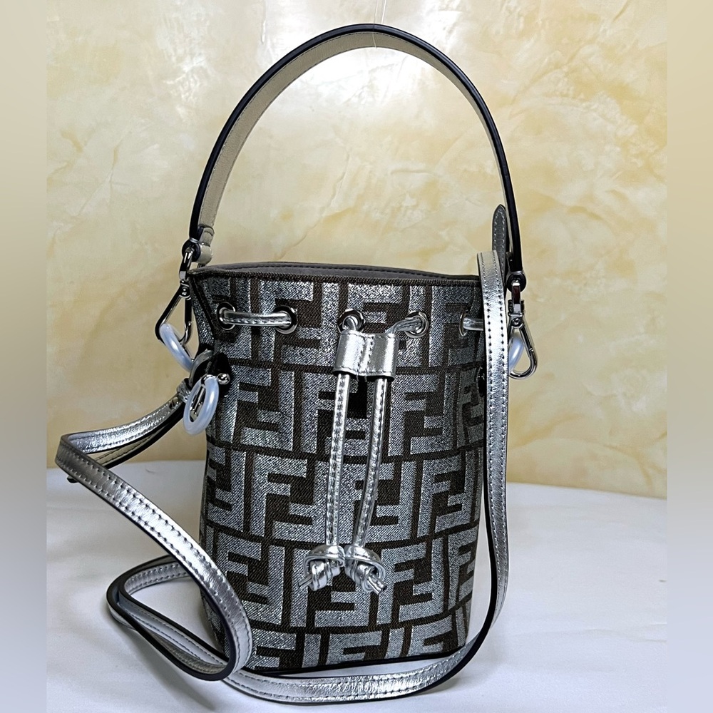 Fendi Mon Tresor Laminated FF Jacquard Fabric Mini Bag Silver